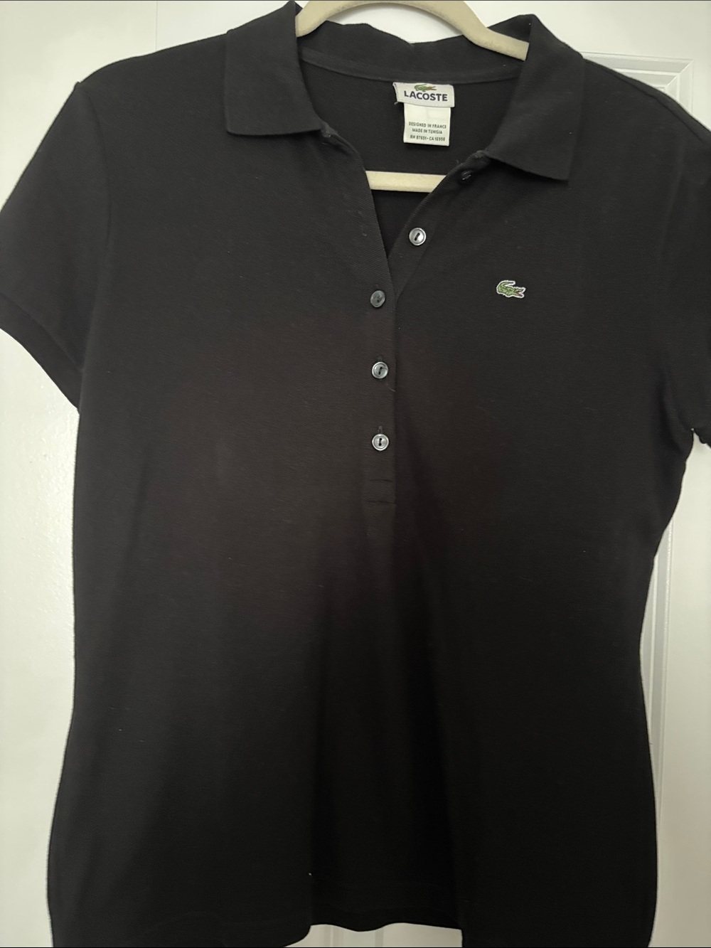Lacoste Women's Black Short-Sleeve Polo with Green Crocodile Logo